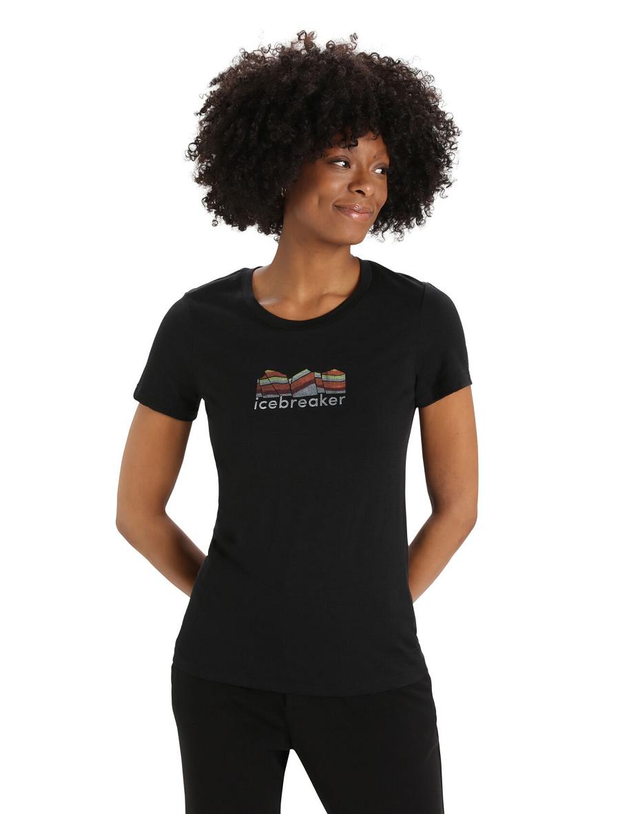 Black Women\'s Icebreaker Merino Tech Lite II Short Sleeve Mountain Geology T Shirts | USA 1610KORI